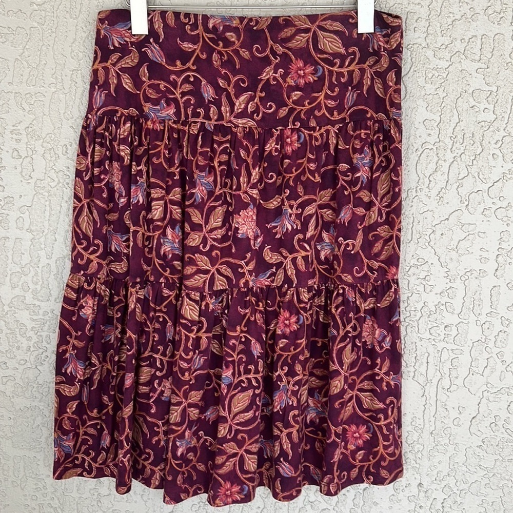 Chaps Burgundy Floral Print Tiered Midi Skirt 100% Cotton NWT Size M - Picture 5 of 8